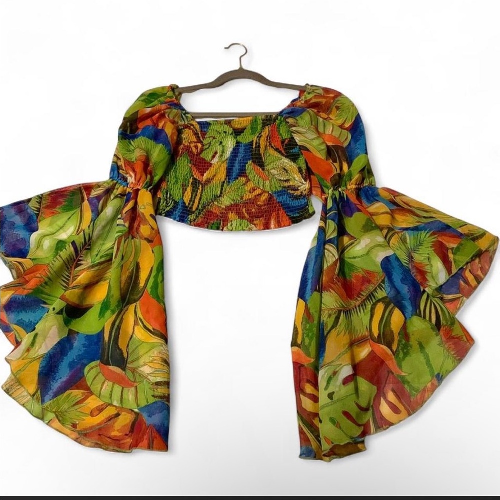 Colorful Tropical Off-Shoulder Crop Top with Dramatic Bell Sleeves